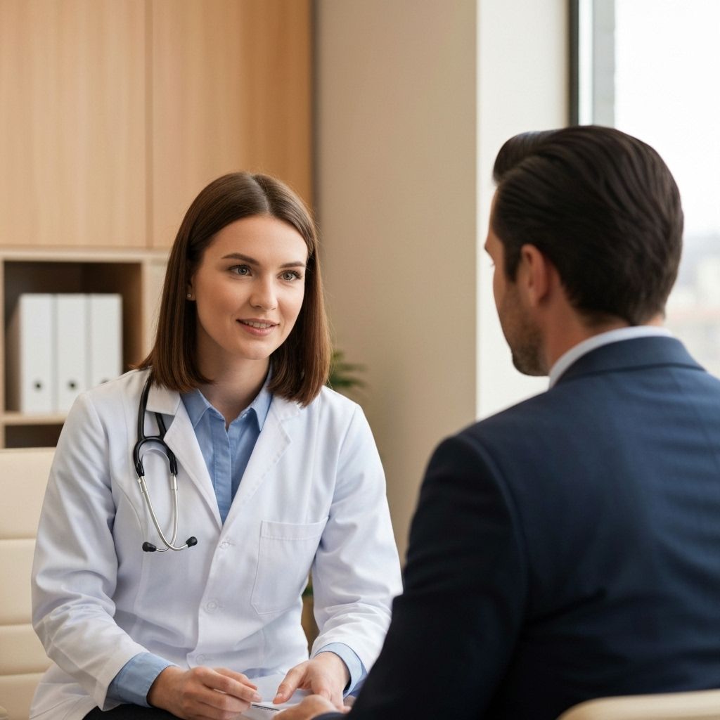 Médico profissional atendendo paciente em consultório moderno